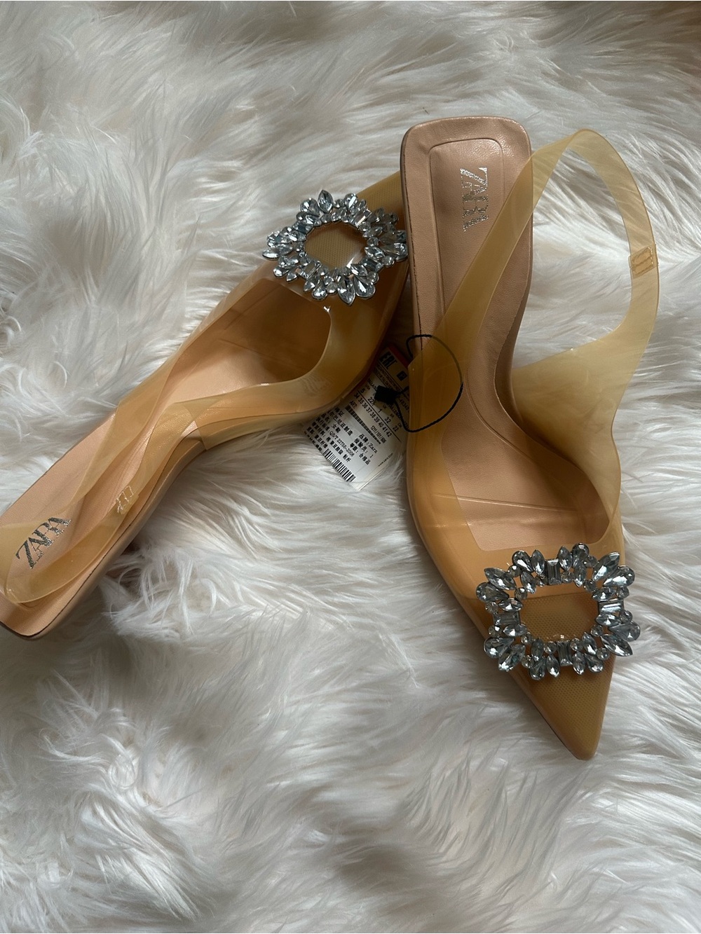 Zara Nude Pointed Slingback Heels with Crystal Rosette